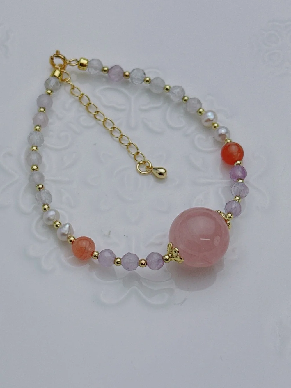 Handmade Rose Quartz Amethyst Freshwater Pearl Bracelet 6+2” GB93